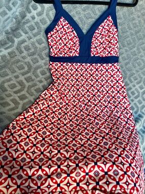 Patagonia Red & White Geometric Sundress with Navy Waistband